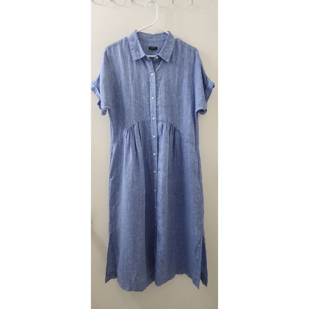 Talbots Petite Blue 100% Linen Button Down Shirt Dress Short Sleeve SP